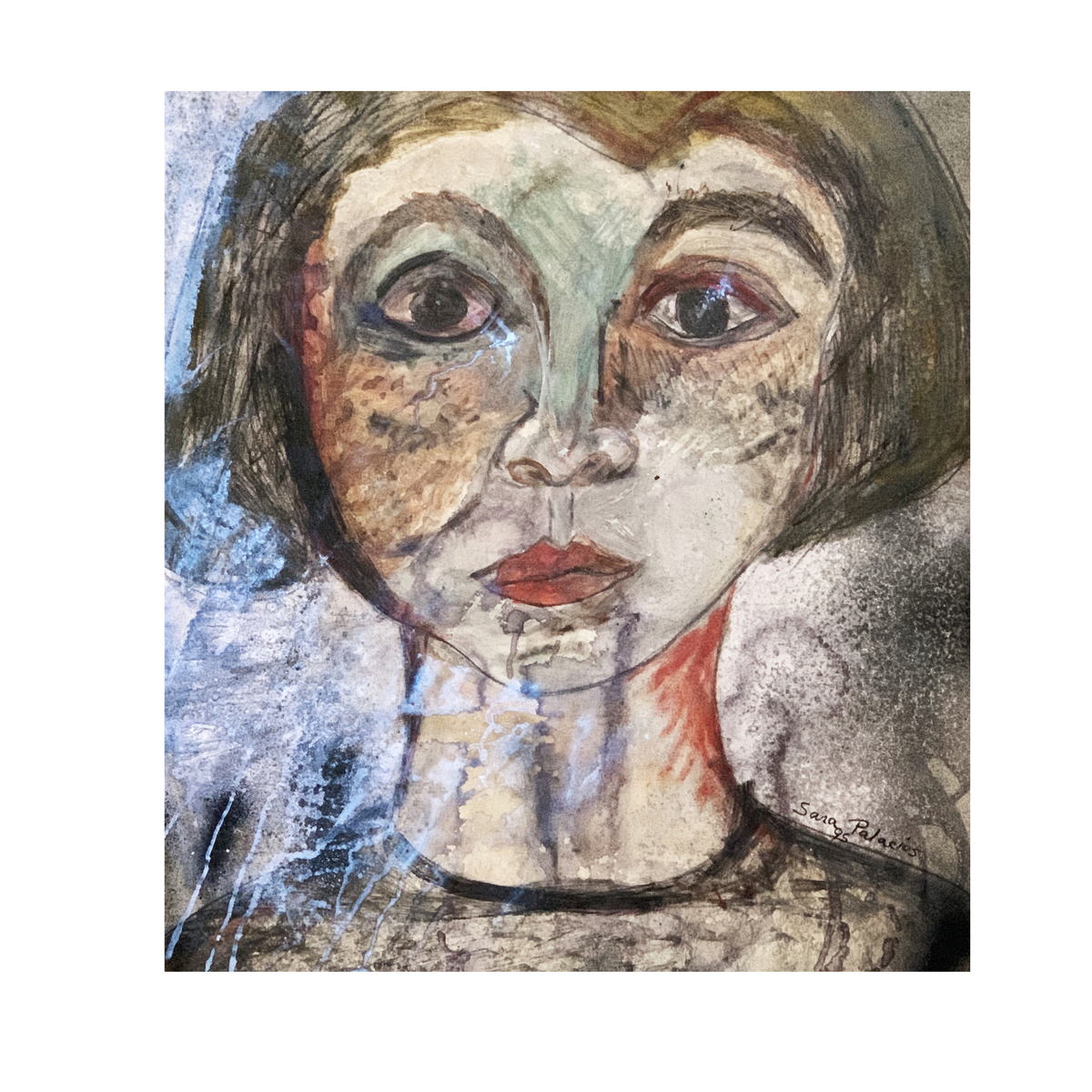 Mery fine art print by contemporary artist Sara Palacios, featuring an elegant and expressive mixed-media portrait with exceptional narrative depth and detailed gallery textures. 
