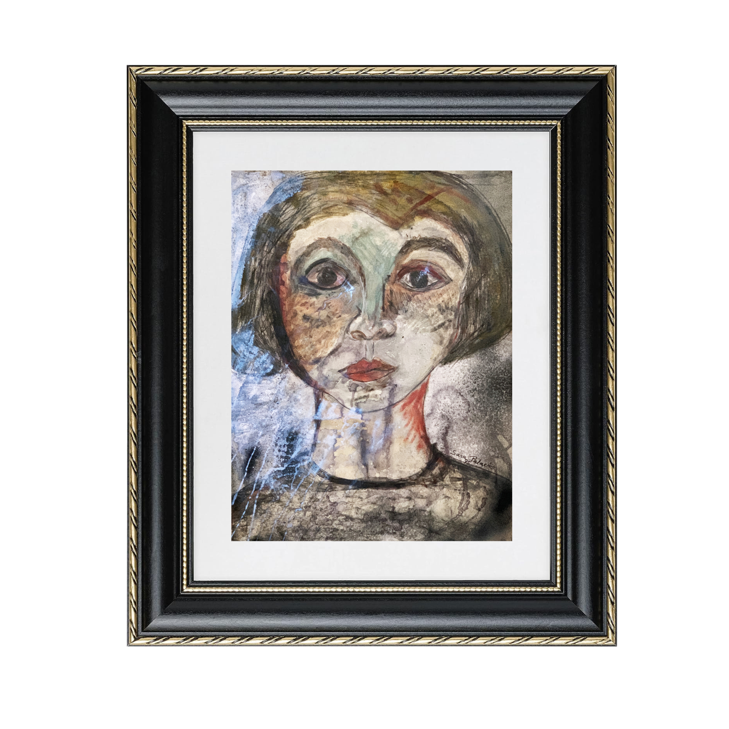 Mery fine art print by contemporary artist Sara Palacios, featuring an elegant and expressive mixed-media portrait with exceptional narrative depth and detailed gallery textures. Framed in a black and gold frame.
