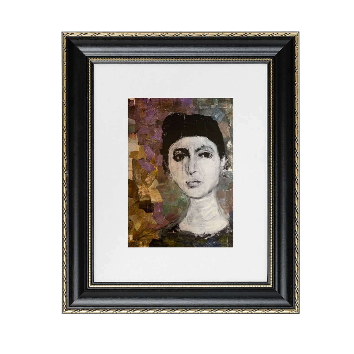 Nadia fine art print by contemporary artist Sara Palacios, featuring an elegant and expressive mixed-media portrait with exceptional narrative depth and detailed gallery textures. Framed in a black and gold frame.