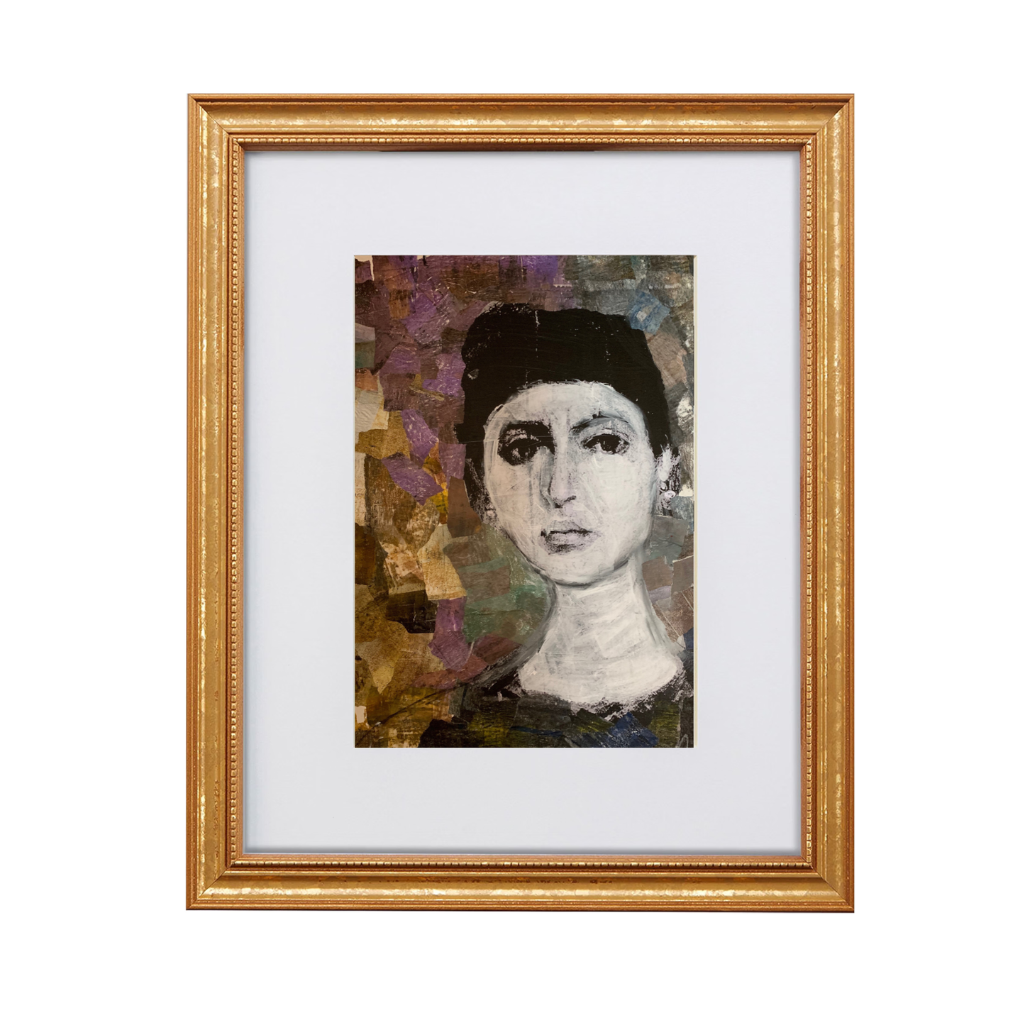 Nadia fine art print by contemporary artist Sara Palacios, featuring an elegant and expressive mixed-media portrait with exceptional narrative depth and detailed gallery textures. Framed in a gold frame.
