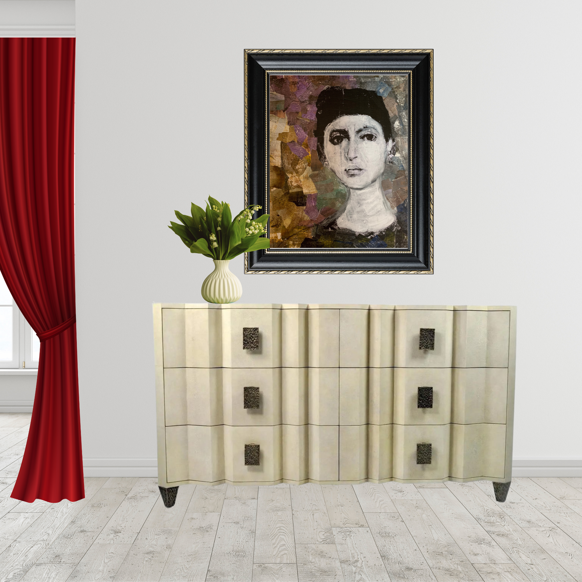  Nadia fine art portrait print by Sara Palacios showcasing museum-grade Giclée printing on premium archival paper. Hanging on top of a dresser, framed in a black and gold frame. 
