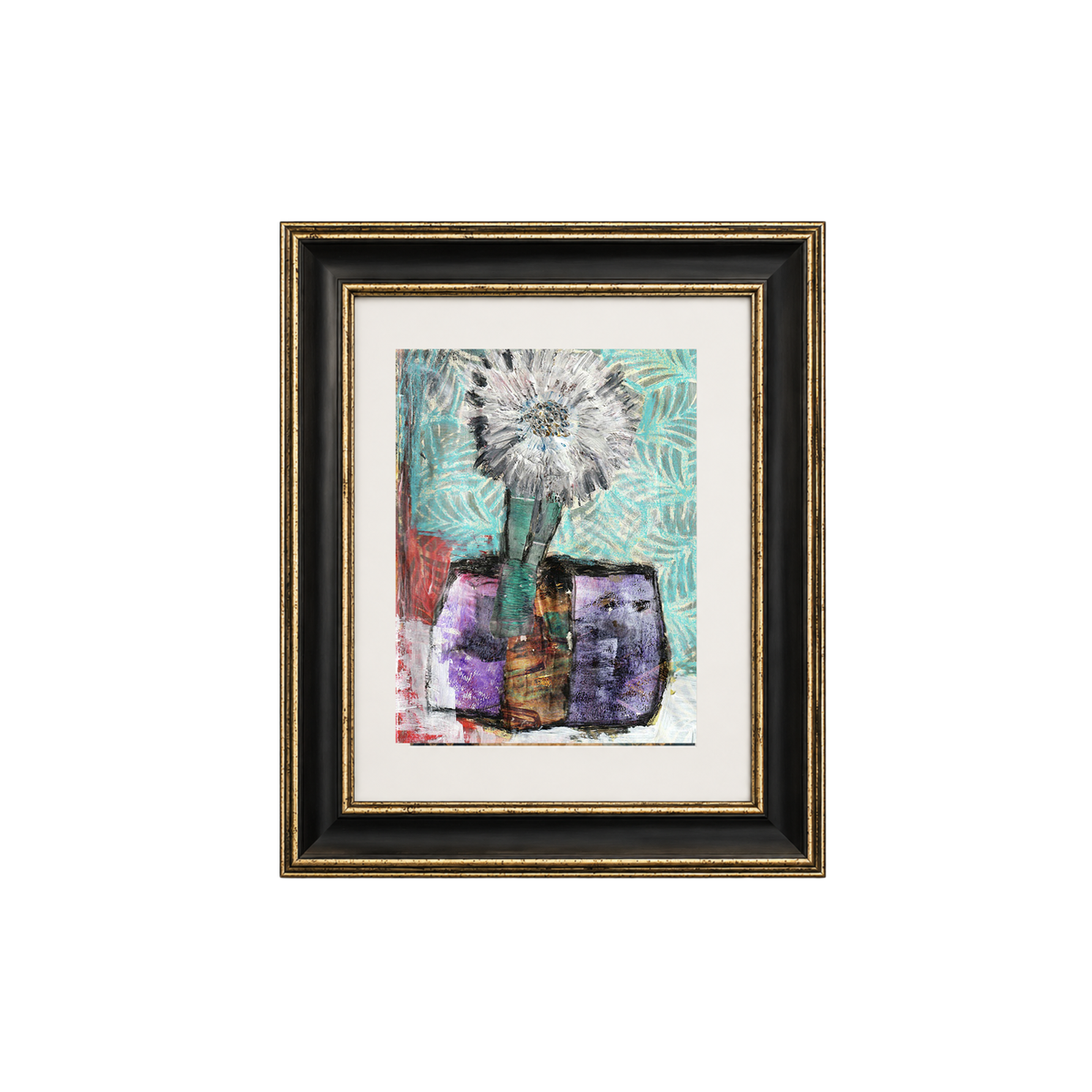 Framed abstract floral artwork with a white flower and purple forms on a teal patterned background, set in a black frame with gold trim and a white mat.