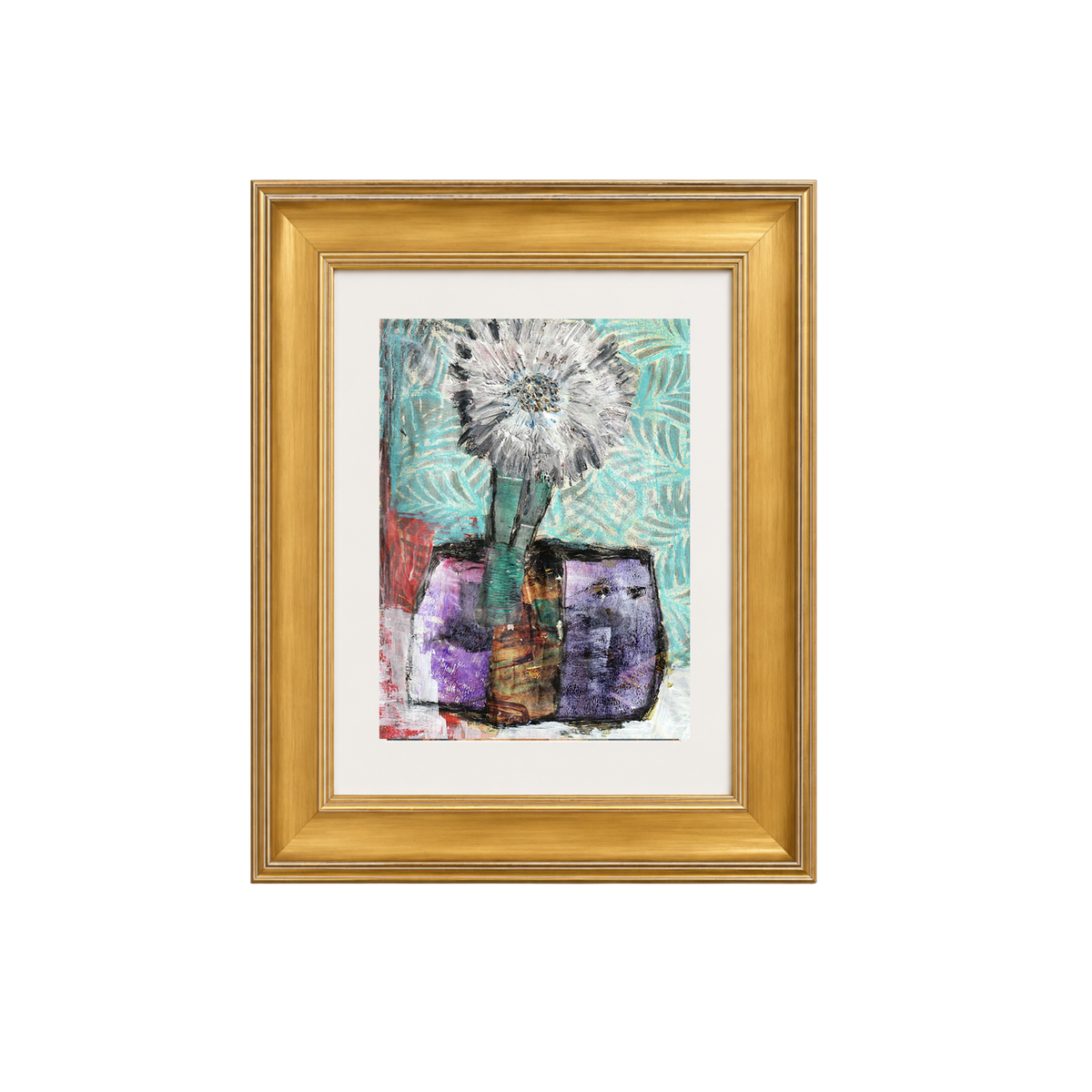 A framed abstract painting featuring a stylized flower with a white bloom and green stem, set against a turquoise background with purple and red geometric forms. The artwork is housed in a wide white mat and a gold frame, shown against a plain white background.