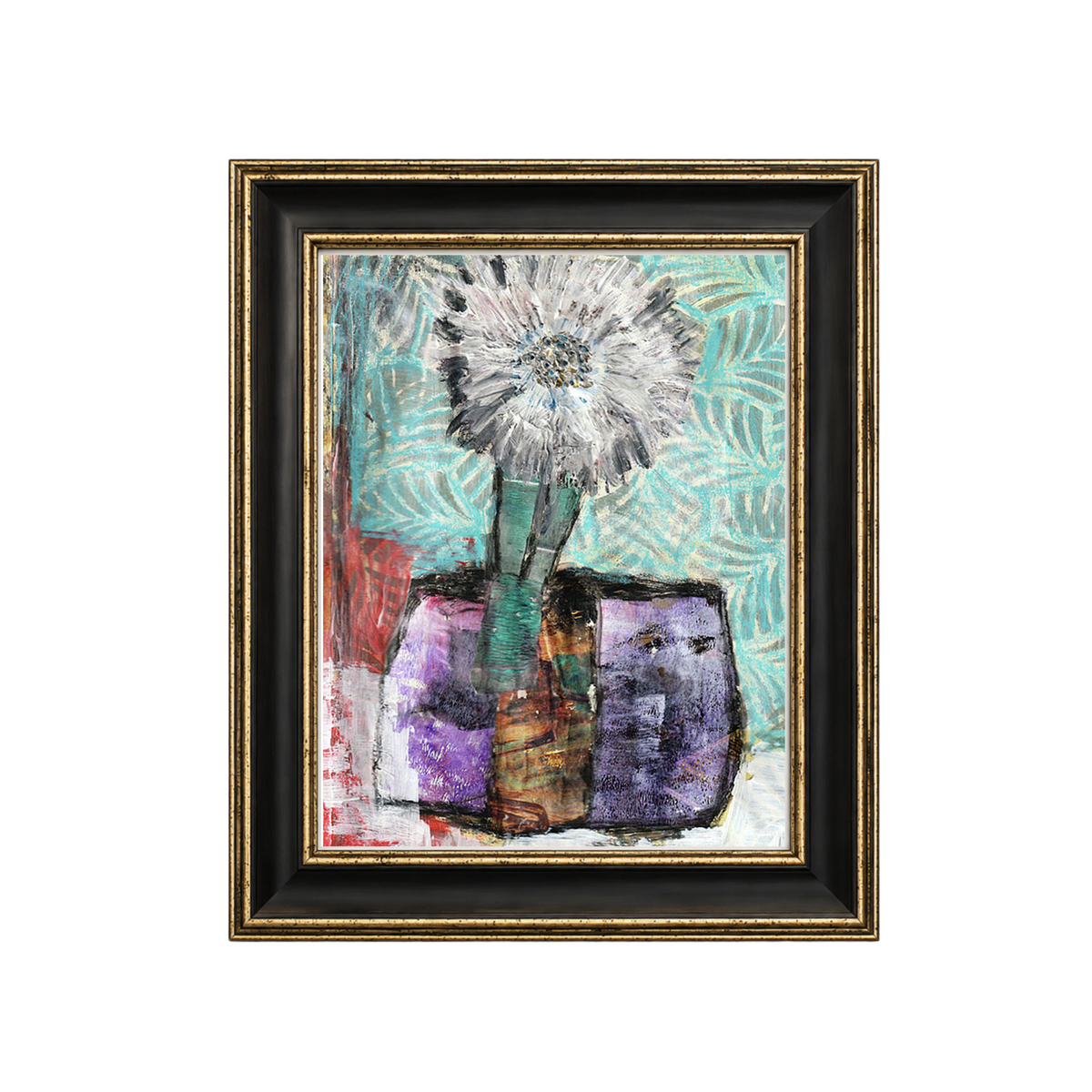 A framed abstract painting featuring a stylized flower in a vase, with a black frame and gold inner trim, shown against a plain white background.