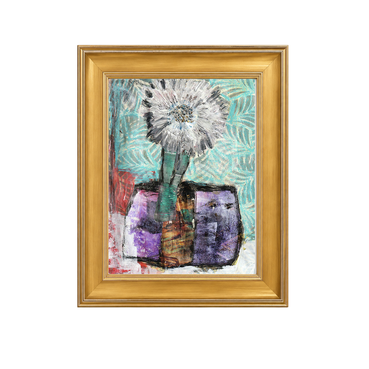 A framed abstract painting featuring a stylized flower with a white bloom and green stem, set against a turquoise patterned background with purple and red geometric forms. The artwork is enclosed in a gold frame and presented on a clean white background.