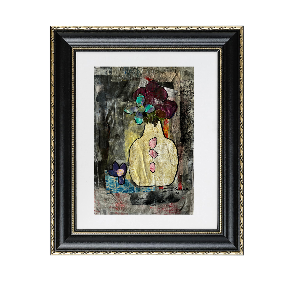 Sunday Afternoon 19, mixed-media expressionistic floral design by artist Sara Palacios, in a black and gold frame. 
