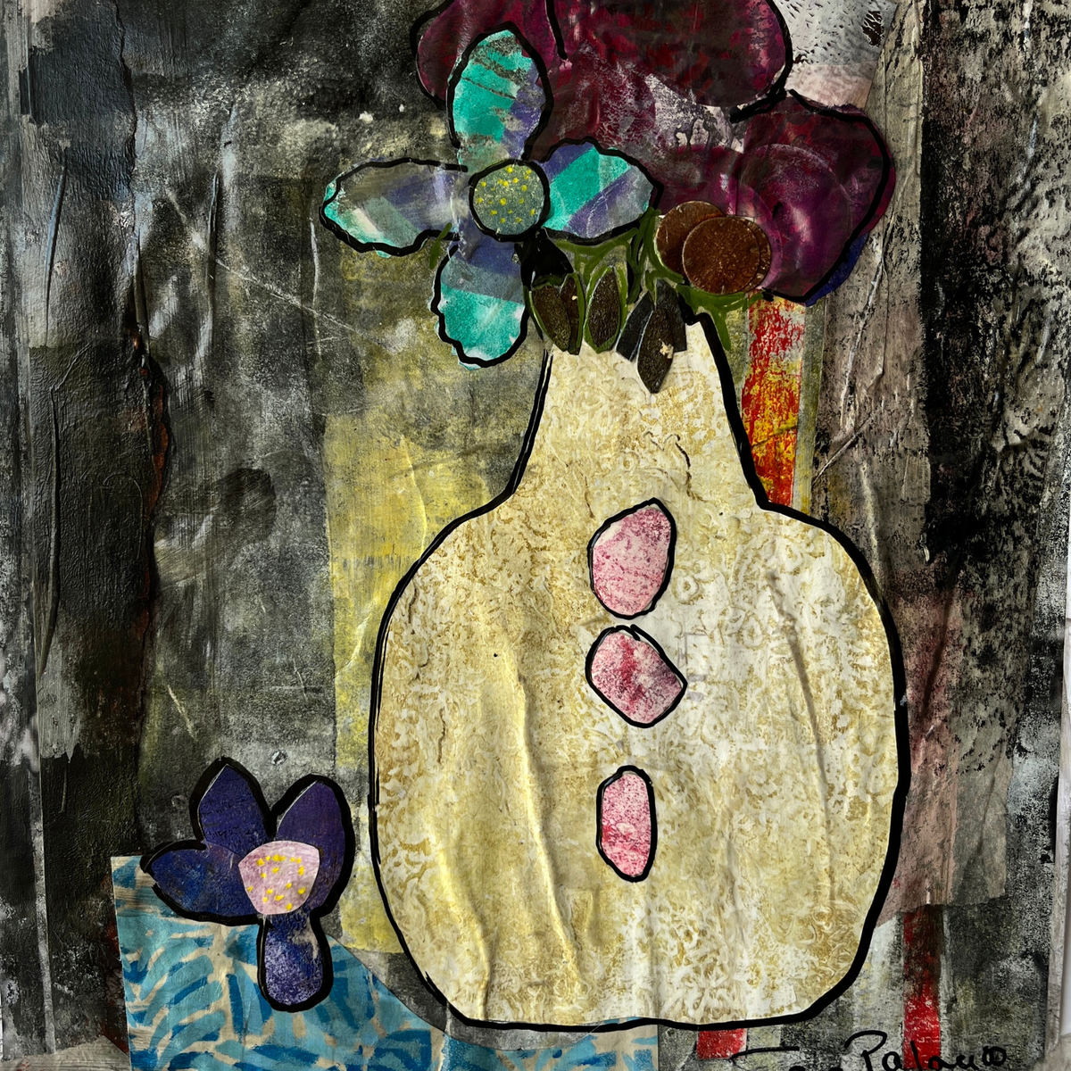 Sunday Afternoon 19, mixed-media expressionistic floral design by artist Sara Palacios, detail. 
