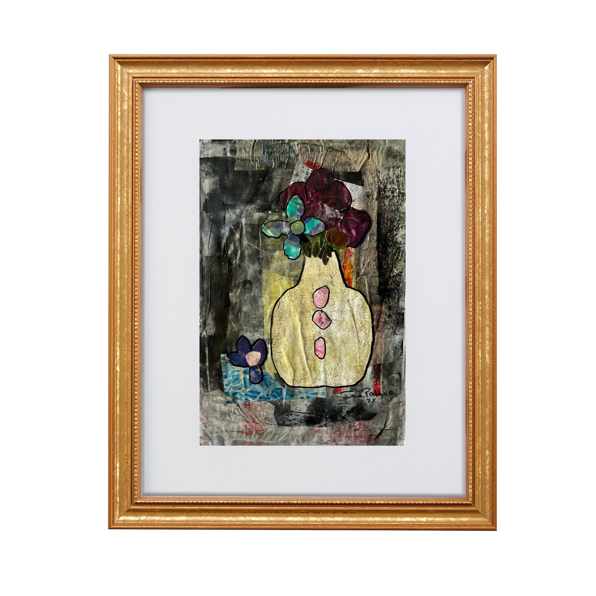 Sunday Afternoon 19, mixed-media expressionistic floral design by artist Sara Palacios, in a gold frame. 

