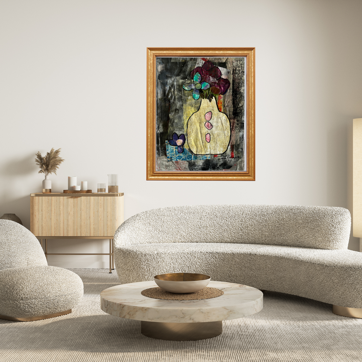 An elegant, large-scale display of Sunday Afternoon 19 fine art print by Sara Palacios, acting as an exquisite focal point inside a high-end gold frame within a luxurious dining room.